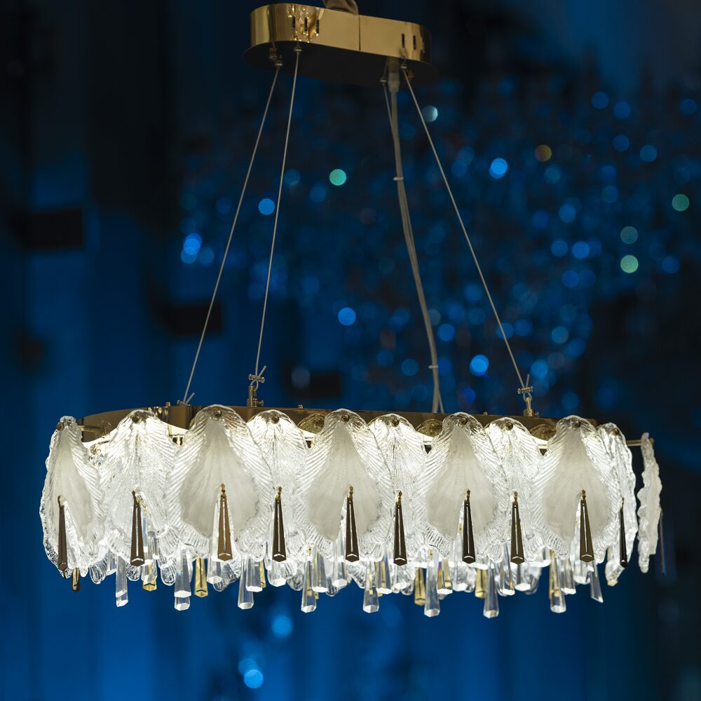 نجفة ليد أوراق بورسلين، ستانلس ستيل، 80×30 سم سوليتير ذهبى من قنديل مصر - Porcelain Leafs LED Chandelier, Stainless Steel, 80×30cm Solitaire Gold|Kandil Egypt
