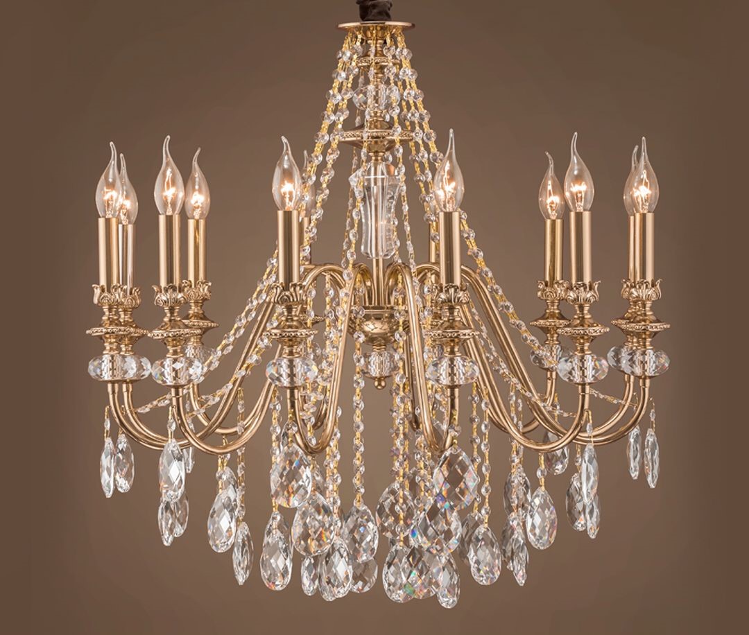 Italian Chandelier, 12 Lights, Metal, 90×95cm - Solitaire Gold
