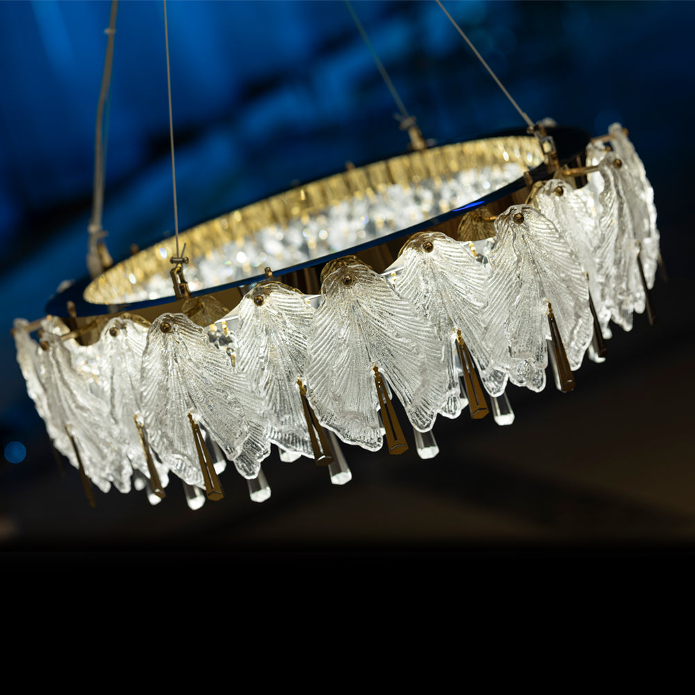 نجفة ليد أوراق بورسلين، ستانلس ستيل، 70 سم سوليتير ذهبى من قنديل مصر - Porcelain Leafs LED Chandelier, Stainless Steel, 70cm Solitaire Gold|Kandil Egypt