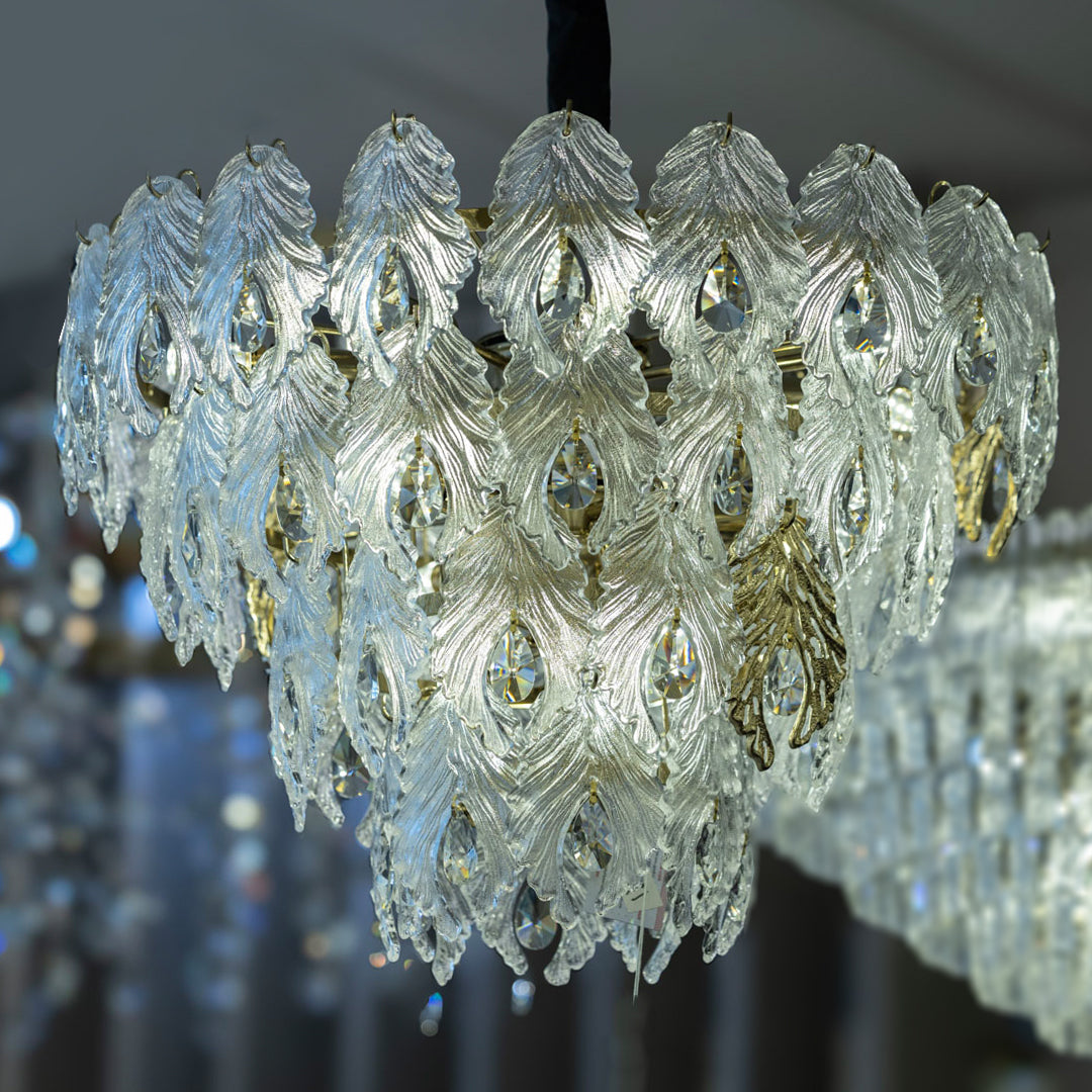 Glass Palm Leaves Round Chandelier, 14 Lights, Metal, 70×80cm - Solitaire Gold