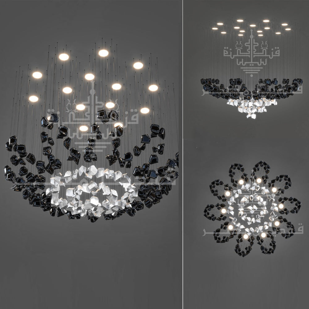 Wire Chandelier, 15 Lights, Stone Glass, 90x100cm – Multicolor