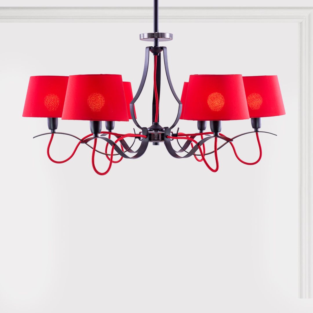 Wicker Chandelier, 6 Lights, Metal, 77×42cm - Red Black