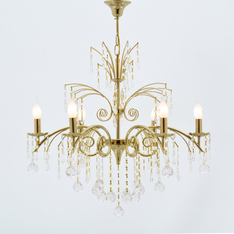 Chandelier, 6 Lamps, Crystal Waterfall, 3043 Solitaire Gold