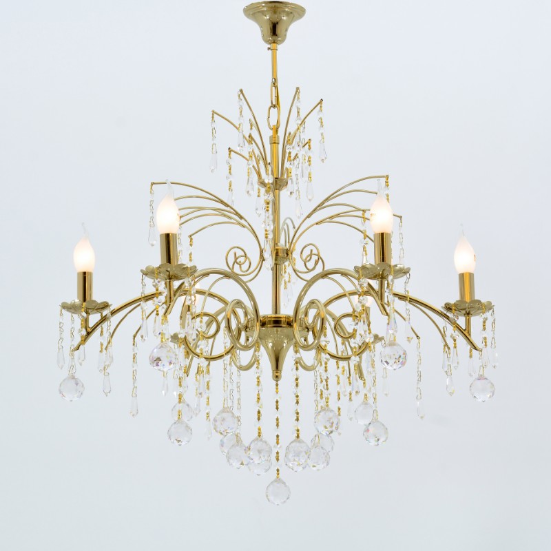 Chandelier, 6 Lamps, Crystal Waterfall, 3043 Solitaire Gold