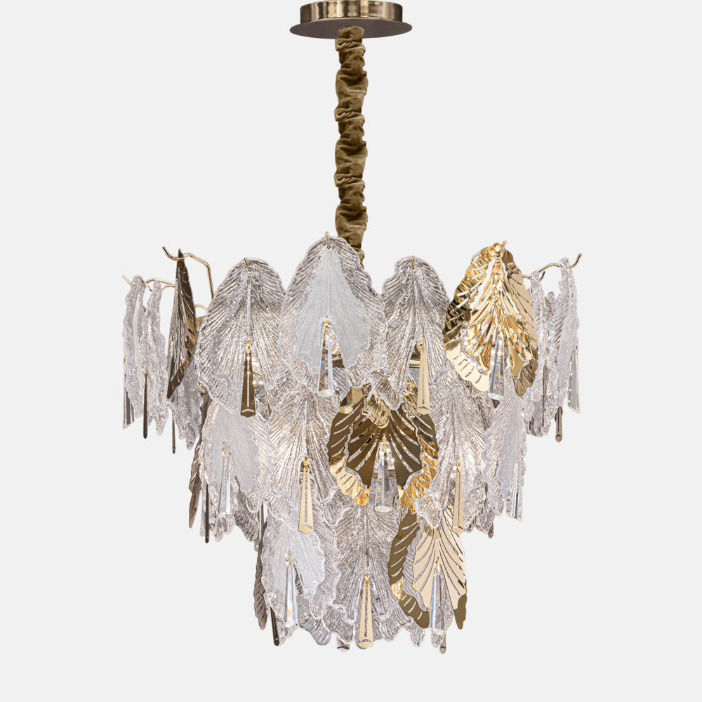 Porcelain Leaves Chandelier, 12 Lights, Metal/Stainless Steel, 80×50cm - Solitaire Gold