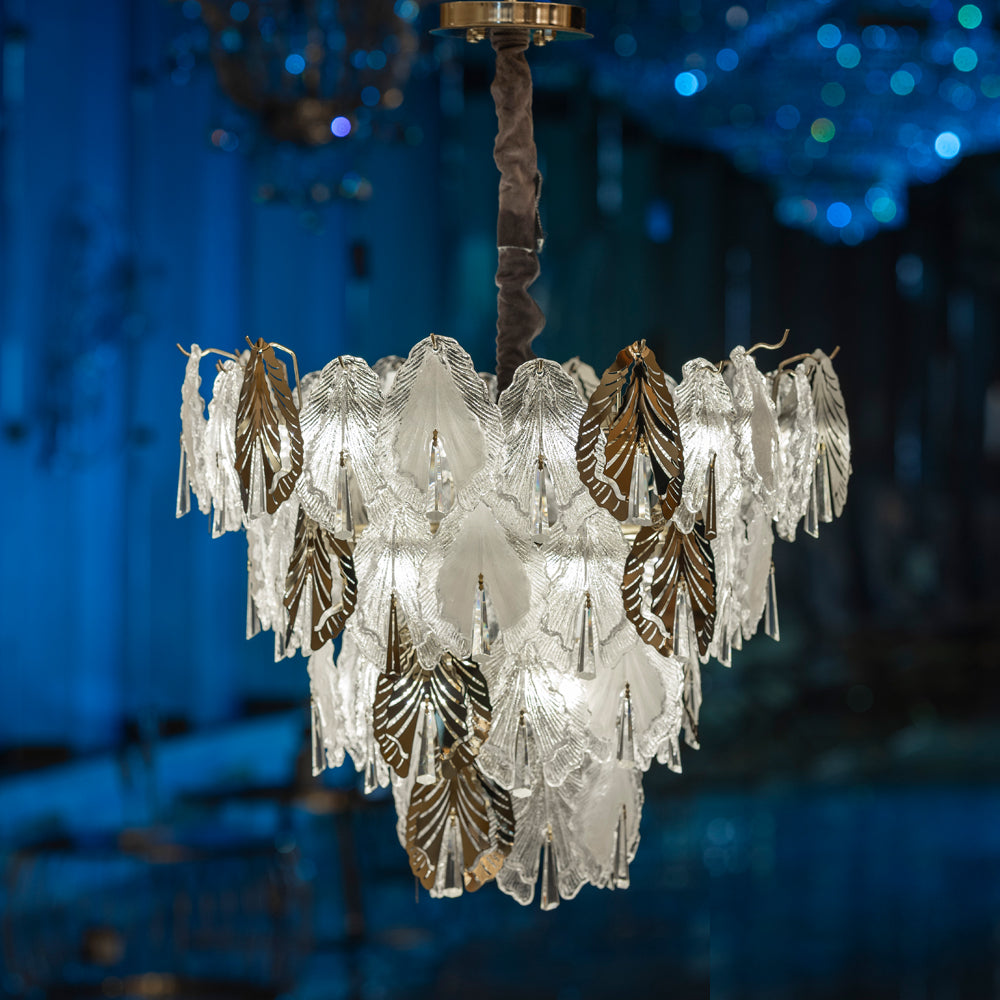 Porcelain Leaves Chandelier, 24 Lights, Metal/Stainless Steel, 80×70cm - Solitaire Gold