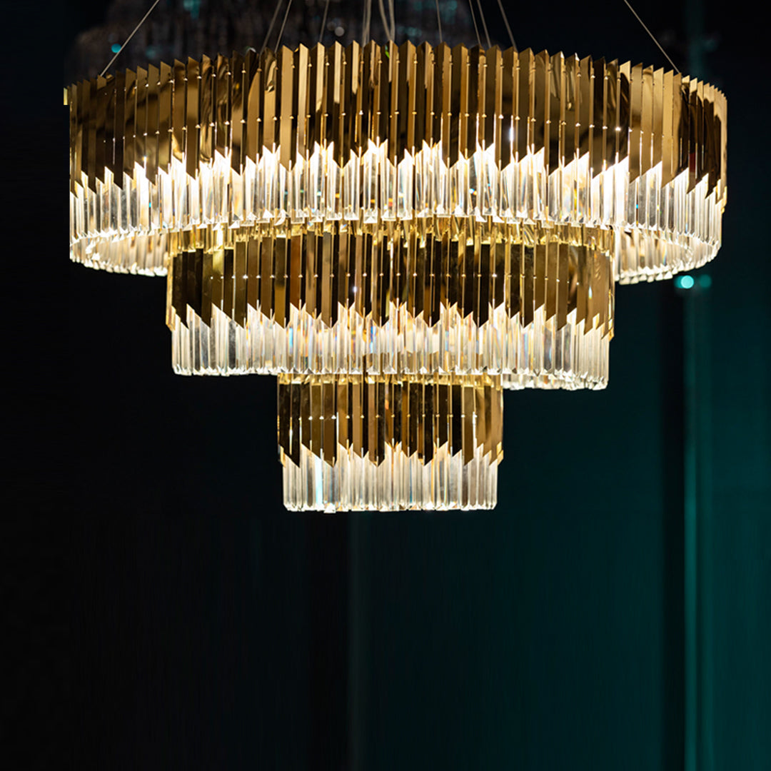 Chandelier 120 cm 3 floors round stainless steel 2013 with crystal solitaire gold