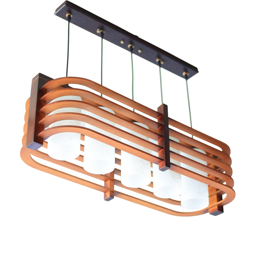 Timber Pendant, 5 Lights, Wood, 82*30×50cm - Brown - معلقة تيمبر، 5 لمبة، خشب، 82*30×50 سم - بني