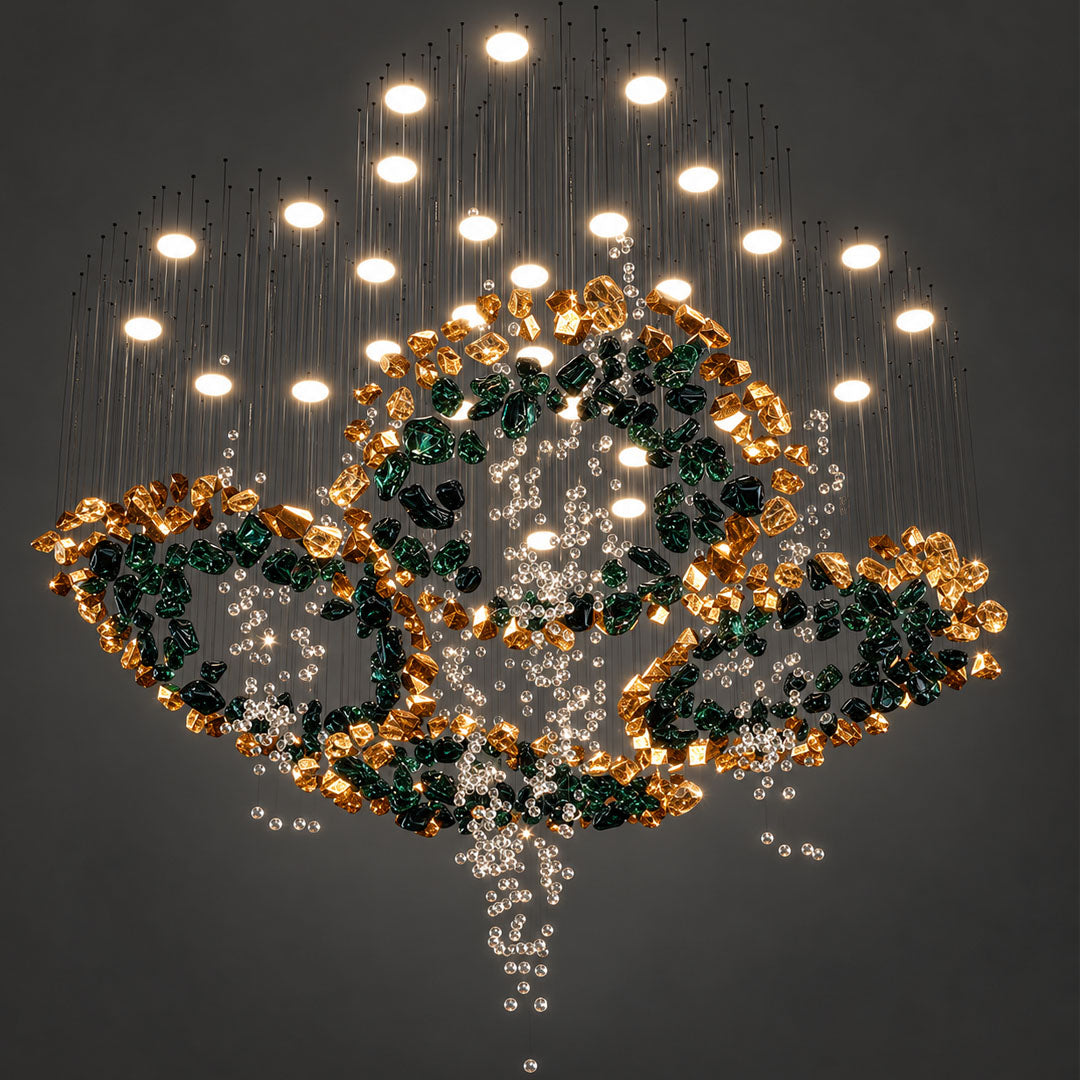Wire Chandelier, 32 Lights, Stone Glass, 100x130cm – Multicolor