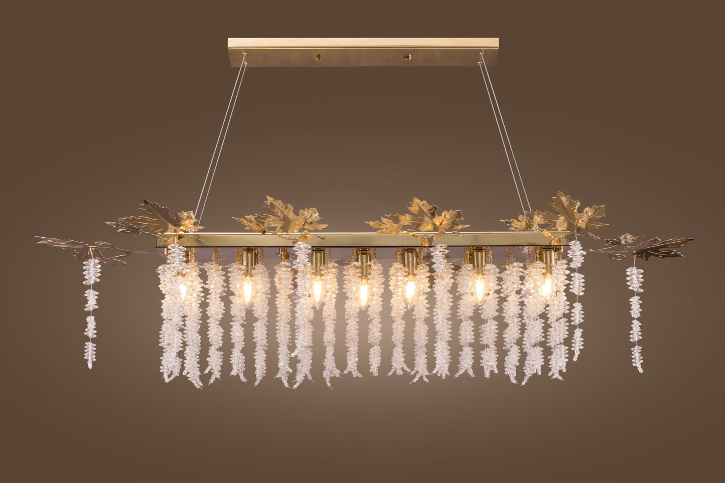 Chandelier 75 cm ? 145 cm Rectangular Stainless Code 5519 Grape Leaves with Crystal Solitaire Gold