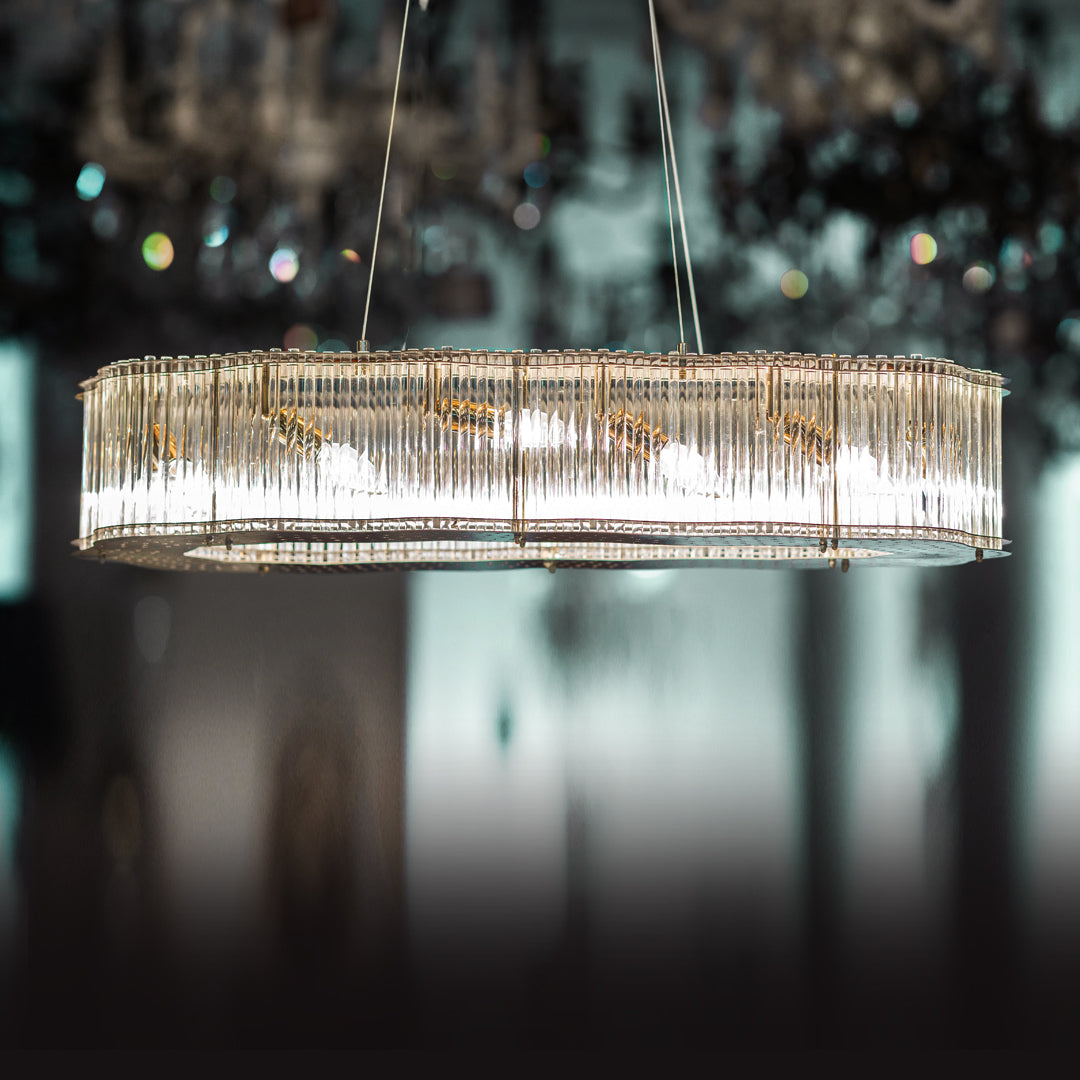 Star Oval Glass Chandelier, 12 Lights, Stainless Steel, 90×40cm - Solitaire Gold