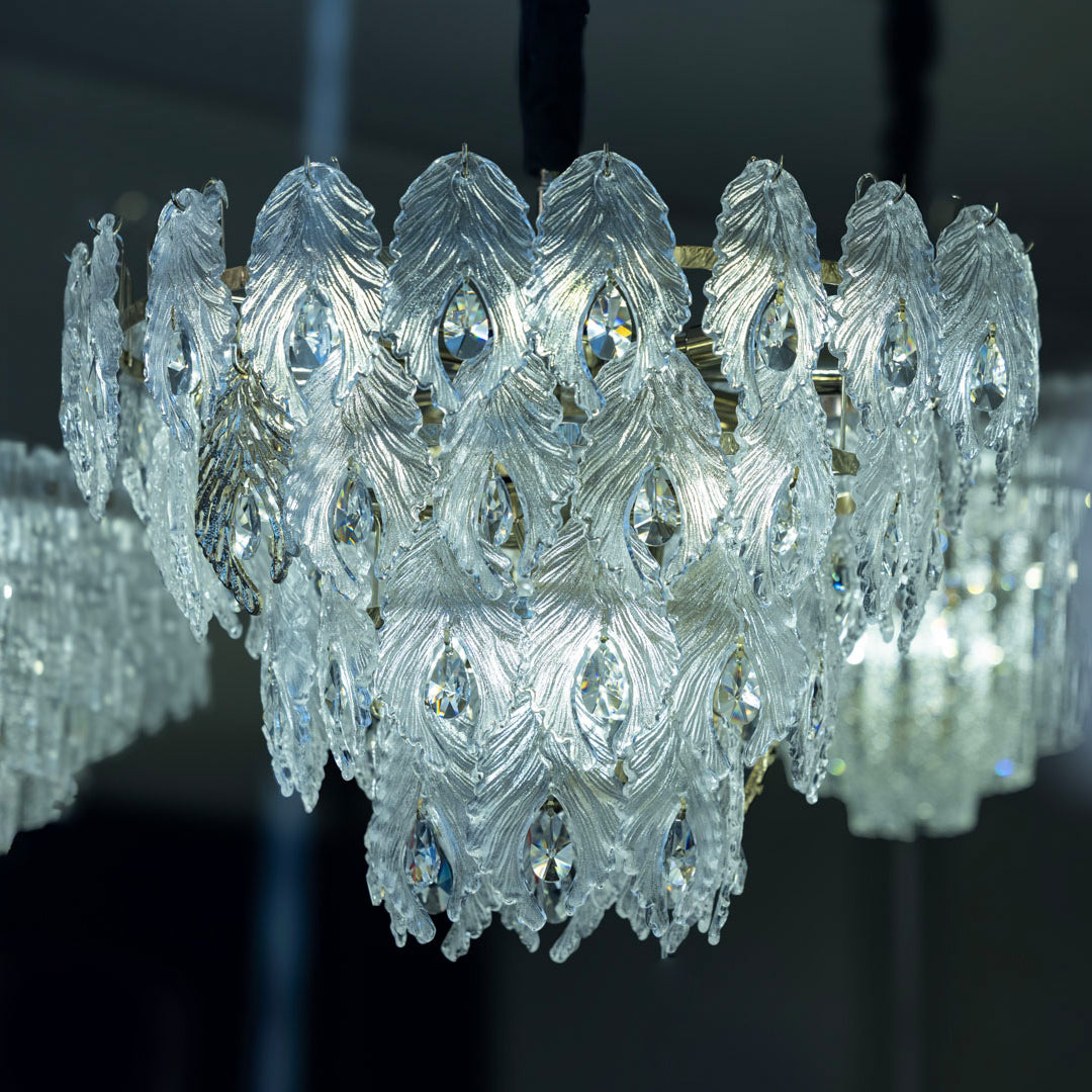 Chandelier 50 cm rounded glass palm code 5739 with solitaire gold crystal